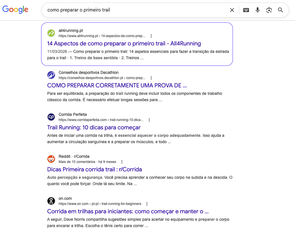 Resultados Google — como preparar o primeiro trail