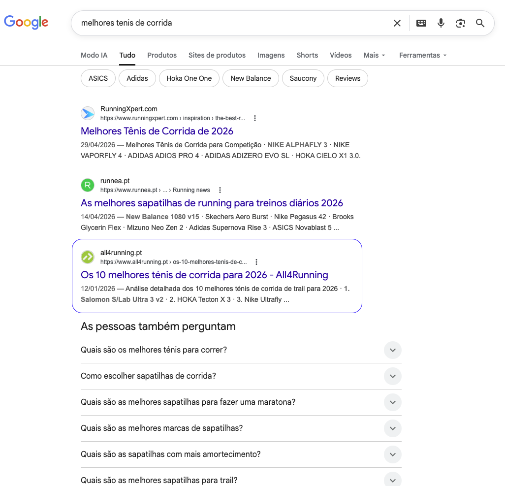 Resultados Google — melhores tenis de corrida