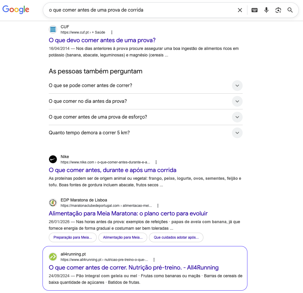 Resultados Google — o que comer antes de uma prova de corrida