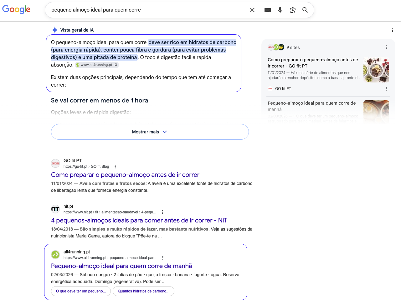 Resultados Google — pequeno almoço ideal para quem corre