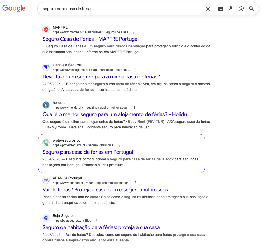 Resultados Google — seguro para casa de ferias